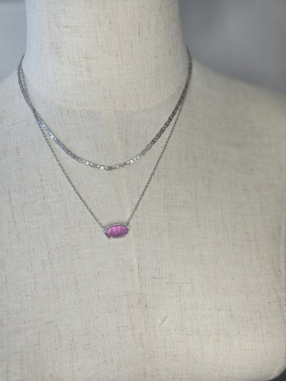 Kendra Scott 2 Tiered Silver Necklace with Pink Faceted Stone